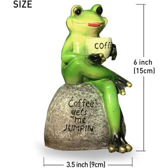 Frog Statue for Garden, Drinking Coffee Green Frog Figurine for Outdoor Decor - Picture 2 of 7
